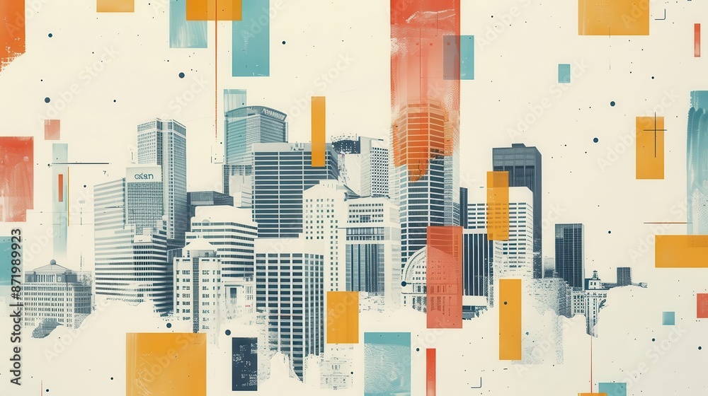 A digital painting of a cityscape with a white background. The buildings are painted in various shades of blue, orange, and yellow, and the background is filled with geometric shapes in the same color
