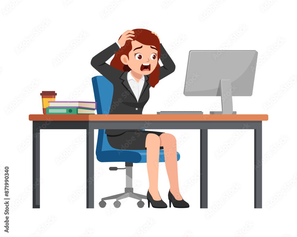woman employee sit in desk working on office and scream and panic woman employee sit in desk working on office and scream and panic
