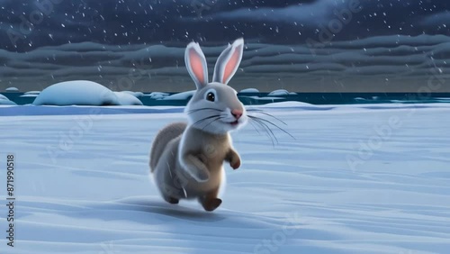 Rabbit Running In Snow At Night Generative AI photo