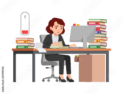 woman employee tired, sit in desk working on office with computer, low battery energy
