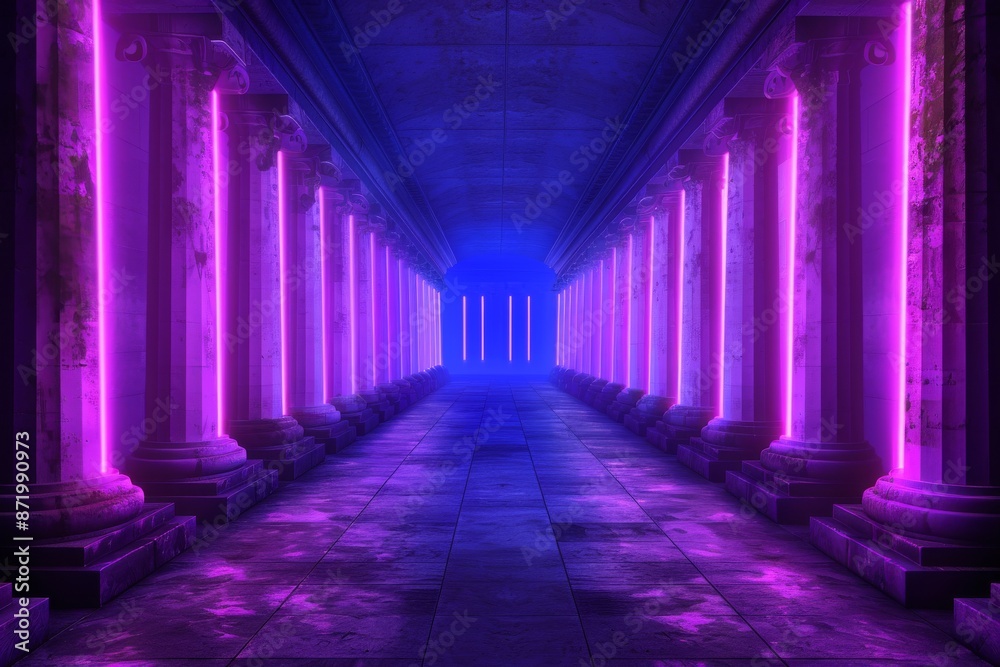 Neon lit corridor with pink columns futuristic hallway digital art glowing pillars immersive pathway vibrant neon lights modern architectural design cyberpunk aesthetic Neon lit corridor with pink columns futuristic hallway digital art glowing pillars immersive pathway vibrant neon lights modern architectural design cyberpunk aesthetic