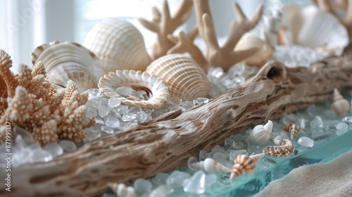 A coastalinspired display featuring seashells driftwood and coral pieces arranged on a bed of sand and sea glass. photo