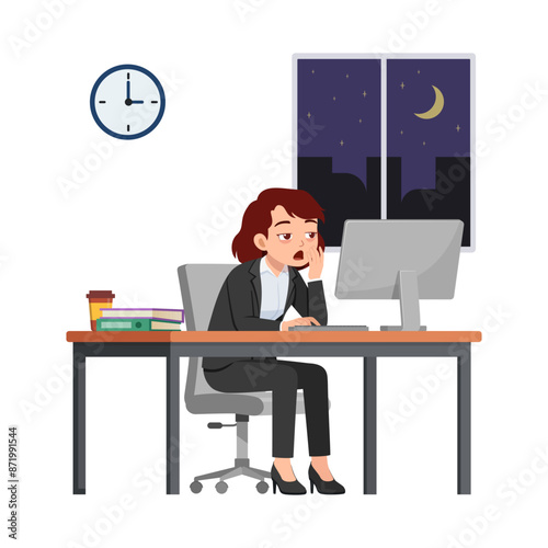 woman employee work overtime at night, feeling sleepy and sit in desk working on office with computer