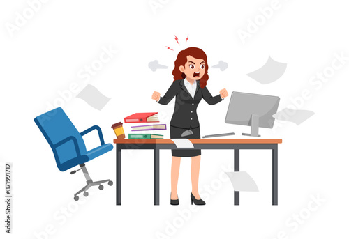woman angry, employee working on office with computer, scream and angry