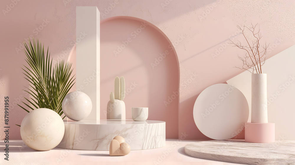 Fototapeta premium 3d scene with abstract ball and pink background with white marble and vase. 3d render in the modern style.