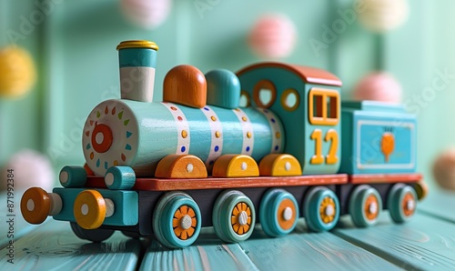 wooden toy locomotive, numbers on pastel green background early learning for babies, toddlers child development learn to count concept.illustration © Emile