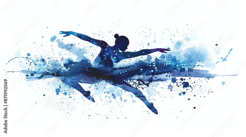 Blue Ink Painting of Rhythmic Gymnast Silhouette: Light Blue Watercolor Style with Splash Effects. Blue Ink Painting of Rhythmic Gymnast Silhouette: Light Blue Watercolor Style with Splash Effects.