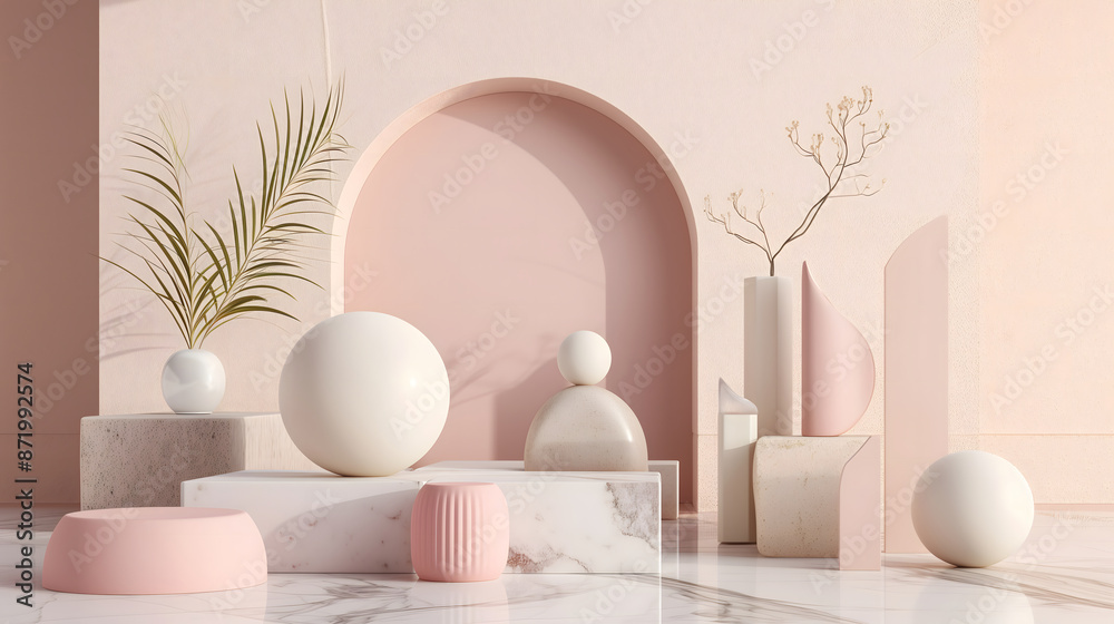 Fototapeta premium 3d scene with abstract ball and pink background with white marble and vase. 3d render in the modern style.