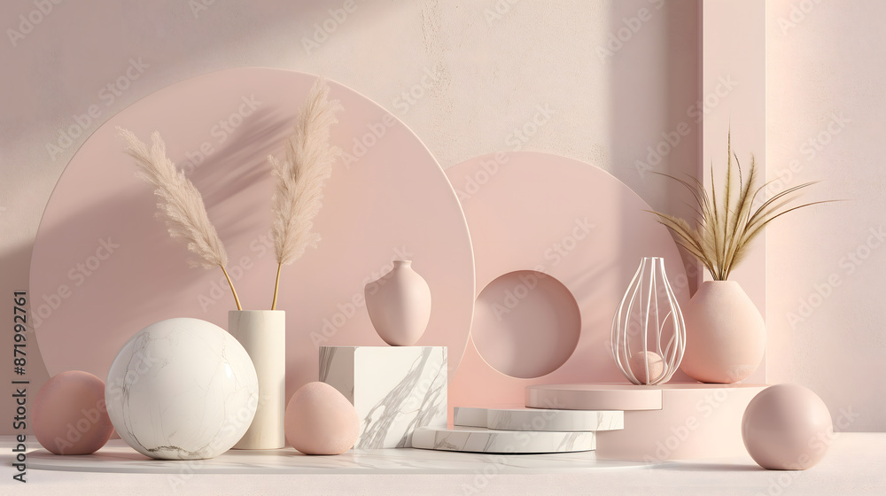 Fototapeta premium 3d scene with abstract ball and pink background with white marble and vase. 3d render in the modern style.