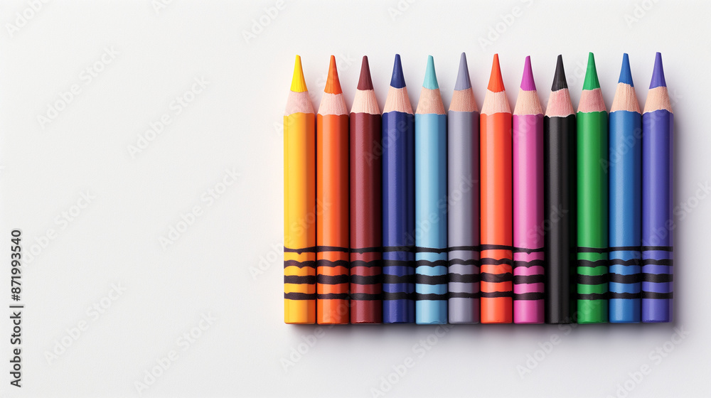 A set of colorful crayons neatly arranged in a row, showcasing a vibrant selection of colors on a white background. A set of colorful crayons neatly arranged in a row, showcasing a vibrant selection of colors on a white background.