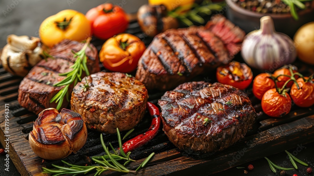 Grilled steaks with fresh vegetables and herbs on a wooden board. Perfect for a barbecue, summer, or food-related theme. Grilled steaks with fresh vegetables and herbs on a wooden board. Perfect for a barbecue, summer, or food-related theme.