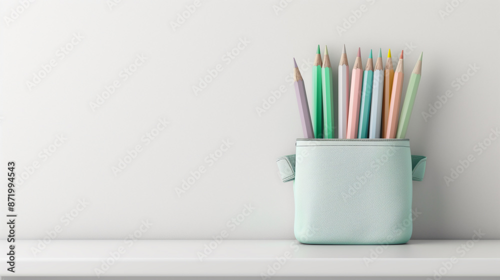 Fototapeta premium Colorful pencils in a light blue pencil case, neatly arranged against a white background, perfect for school or art.