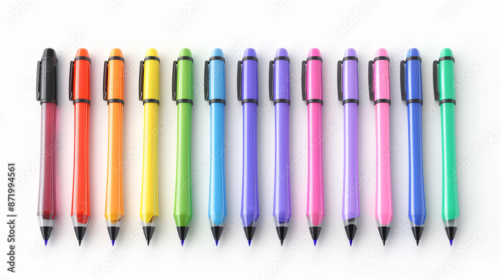 A row of colorful pens neatly aligned on a white background, each pen featuring a vibrant color and black tip. A row of colorful pens neatly aligned on a white background, each pen featuring a vibrant color and black tip.