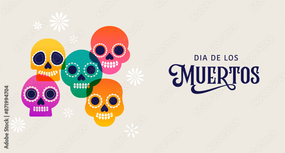 Day of the Dead, Dia de los Muertos, Mexican holiday. Vector poster, banner and card in modern geometrical style, with skulls, church, guitar and flowers Day of the Dead, Dia de los Muertos, Mexican holiday. Vector poster, banner and card in modern geometrical style, with skulls, church, guitar and flowers