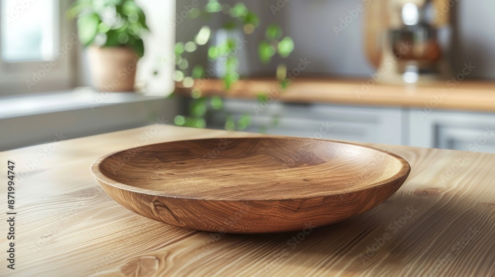 Empty Wood plate on wooded table with white contemporary modern kitchen accessories, for food and product display montage Empty Wood plate on wooded table with white contemporary modern kitchen accessories, for food and product display montage