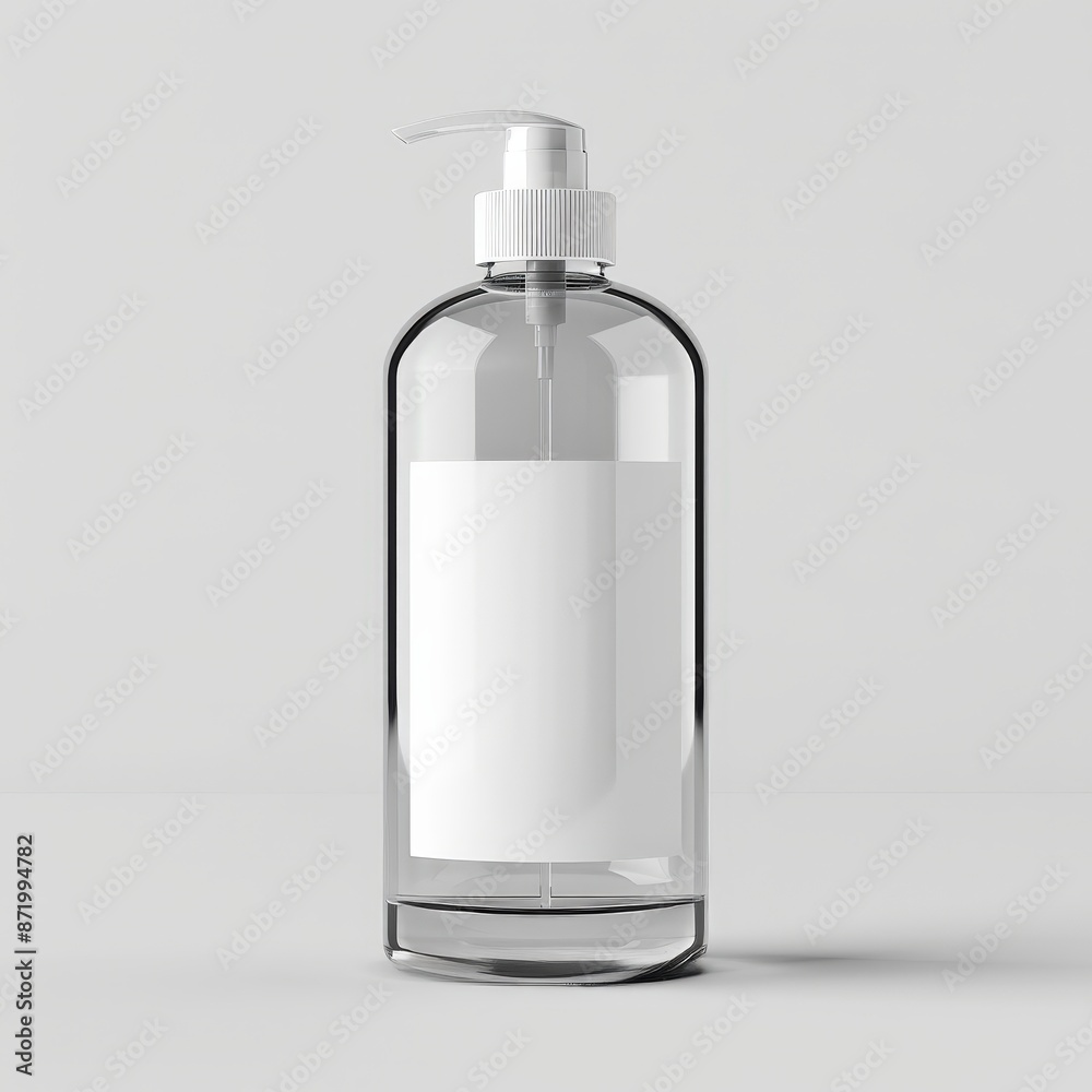 clear bottle with white label, pump head for liquid soap mockup, isolated on light grey background, 3d rendering clear bottle with white label, pump head for liquid soap mockup, isolated on light grey background, 3d rendering