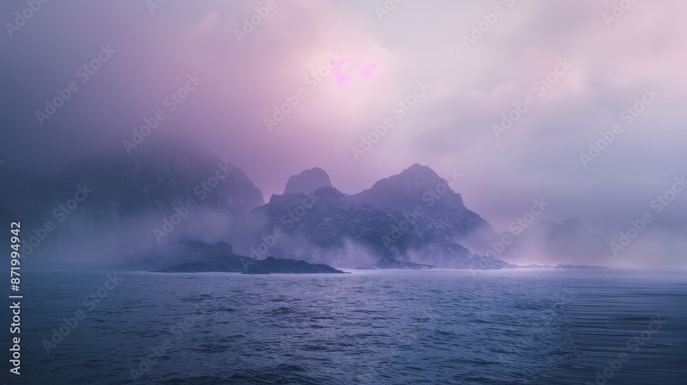Naklejka premium Epic Fog on the ocean and in the distance an mystical island is appearing with a purple haze over the island