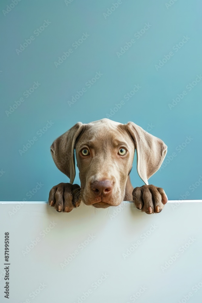 weimaraner puppy peeking over the edge, holding on to table with two front paws, light blue background, white wall, cute and curious dog expression weimaraner puppy peeking over the edge, holding on to table with two front paws, light blue background, white wall, cute and curious dog expression