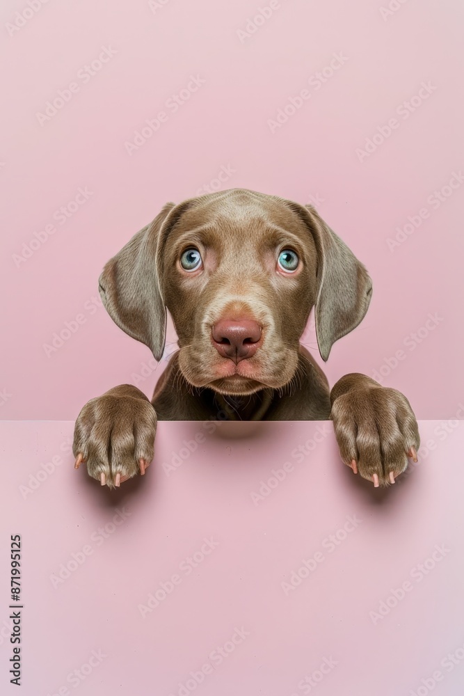 silver weimaraner puppy peeking from behind the edge, pastel pink background silver weimaraner puppy peeking from behind the edge, pastel pink background