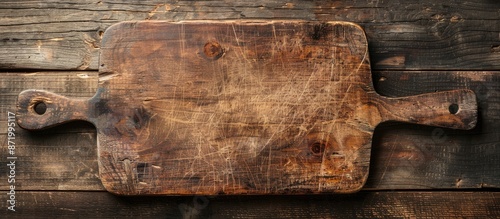 A vintage cutting board arranged from above, displaying a top view, against a weathered dark wooden table, providing ample copy space for text or food. photo