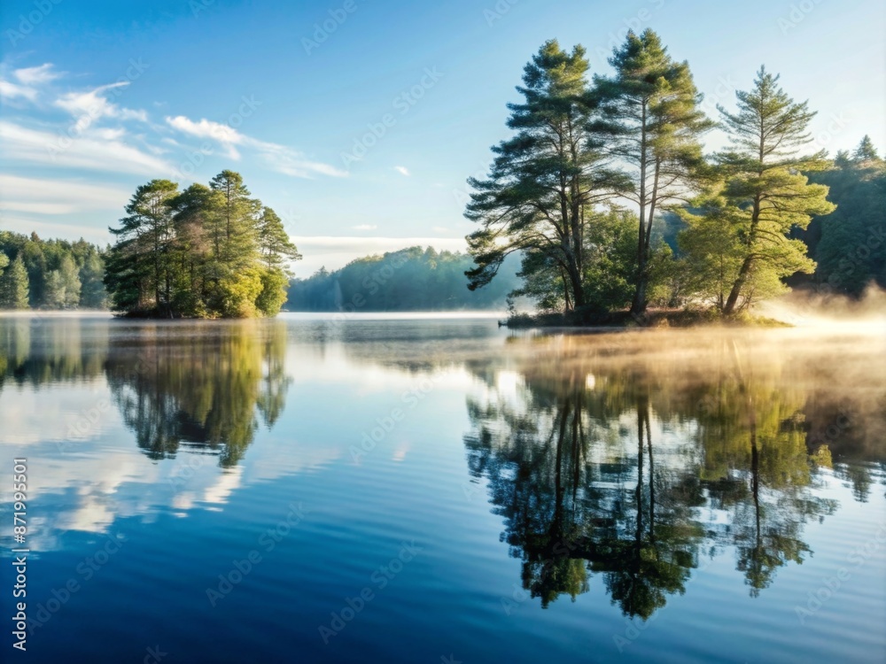 Obraz premium Misty Lake A tranquil lake covered in morning mist, with trees reflected on the still water and a soft, pastel sky.