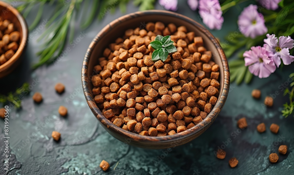 bowl of dry food for cat or dog, pet accessories on green table top view pet care, training concept.stock photo bowl of dry food for cat or dog, pet accessories on green table top view pet care, training concept.stock photo