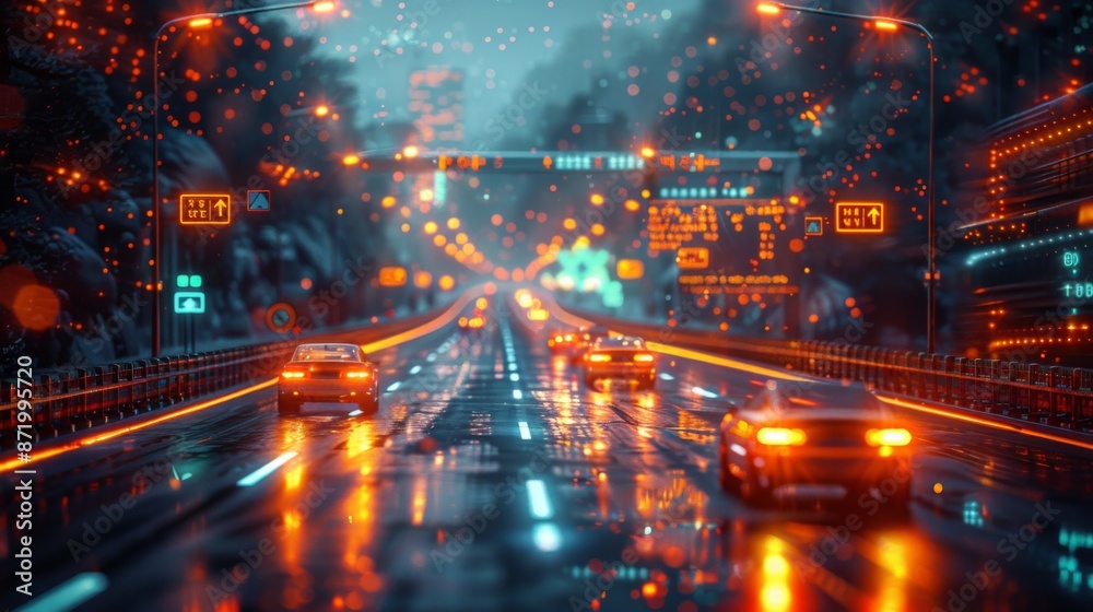 Fototapeta premium Produce a neon set of highway symbols, featuring shimmering interstate