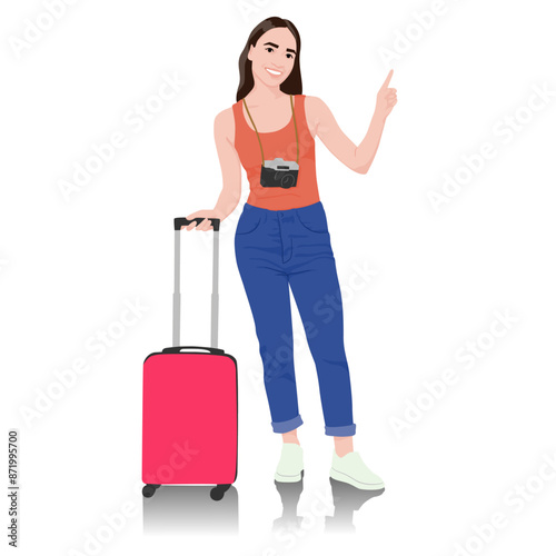 Young woman tourist with camera pointing her finger to the side. Girl in casual clothes with a suitcase. Female traveler goes on a journey. Vector illustration isolated on white	