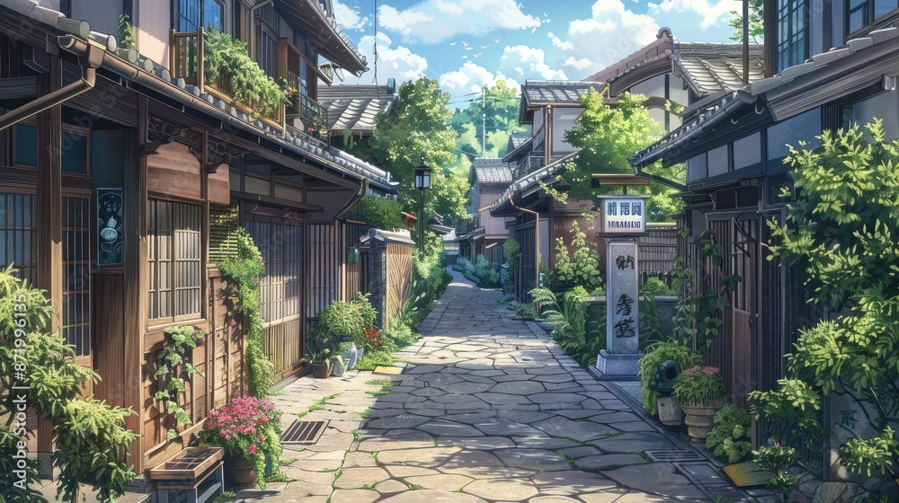 Cozy anime street scene featuring a charming, quaint house with traditional Japanese architecture and a peaceful vibe Cozy anime street scene featuring a charming, quaint house with traditional Japanese architecture and a peaceful vibe