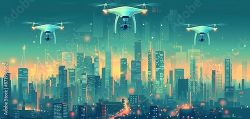 Drones hovering over a business district photo