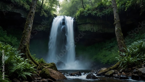 The deafening roar of a waterfall echoing through a dense forest ai_generated