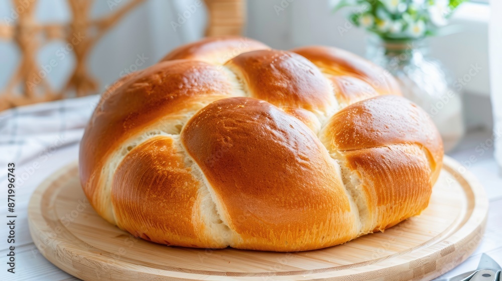 A freshly baked braided bread loaf sits on a wooden cutting board in a kitchen setting A freshly baked braided bread loaf sits on a wooden cutting board in a kitchen setting