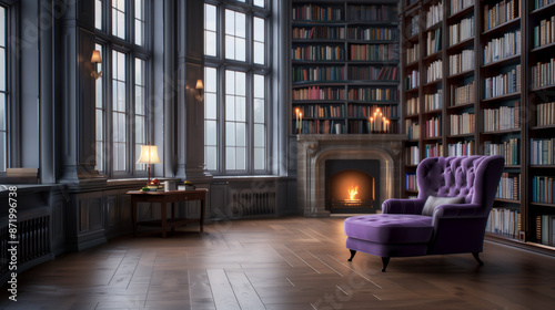 A spacious library featuring tall windows, a tufted chaise lounge, and a roaring fireplace, perfect for a cozy reading session. photo