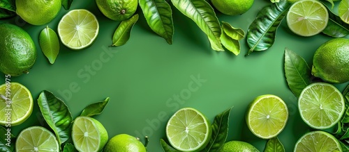 A vibrant green background displays fresh lime slices with leaves, offering copy space in a top view flat lay for a creative tropical fruit-themed composition rich in vitamin C and citrus elements. photo