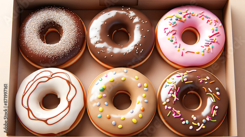 Different flavers of donuts in a large box, Six donuts with different flavers photo