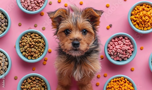 flat lay composition, pet accessories toys feed on pink table pet care training grooming concept pet shop banner mockup.stock image