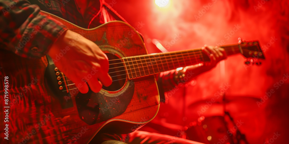 Fototapeta premium Acoustic Guitar Player on Stage in Red Lighting Performing Live Music Concert