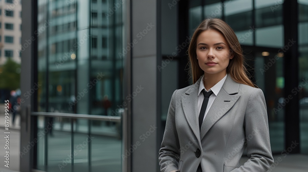 Portrait of a young woman in a grey coat standing near the main door of a sleek office building in a bustling business district Portrait of a young woman in a grey coat standing near the main door of a sleek office building in a bustling business district