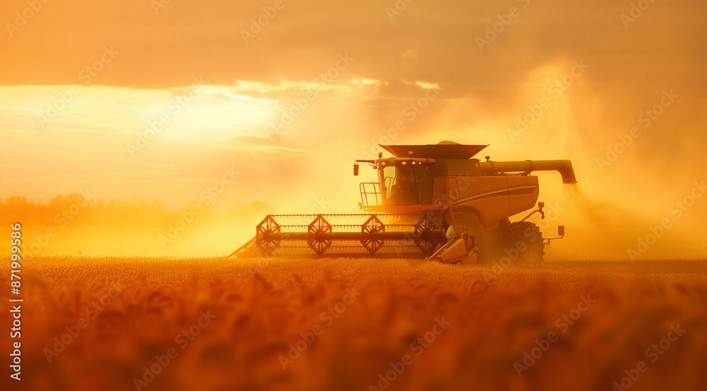 A combine harvester reaps a wheat field at sunset. A combine harvester reaps a wheat field at sunset.