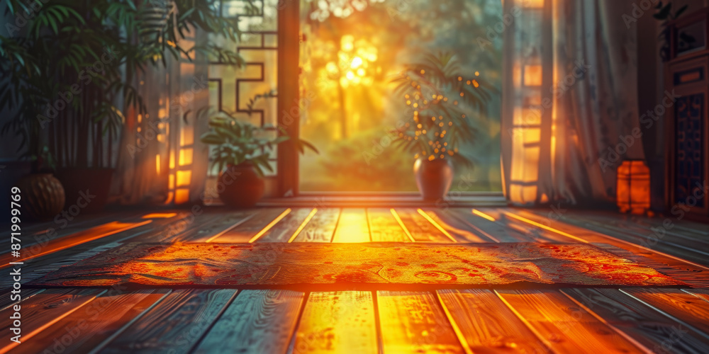 Sunlit Room with Yoga Mat and Houseplants at Sunrise Serene Morning Yoga Space Sunlit Room with Yoga Mat and Houseplants at Sunrise Serene Morning Yoga Space