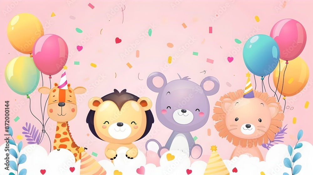 Cute Celebrating Animals with Birthday Balloons and Colorful Confetti Cute Celebrating Animals with Birthday Balloons and Colorful Confetti