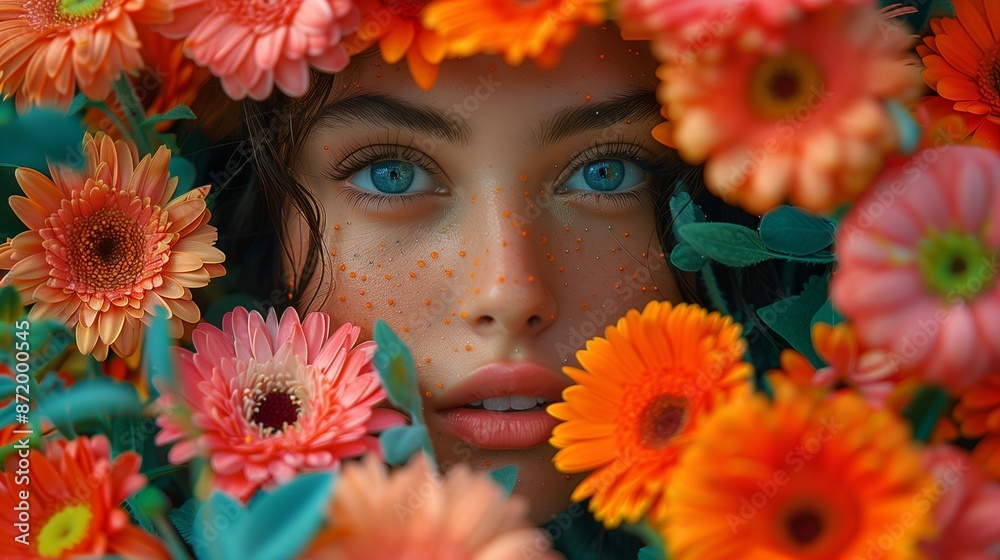A Woman's Eyes Amid a Vibrant Array of Orange and Pink Flowers A Woman's Eyes Amid a Vibrant Array of Orange and Pink Flowers