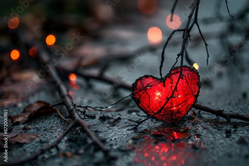 Glowing heart in a dark forest illuminated love symbol red hue mystical atmosphere digital photography magical realism