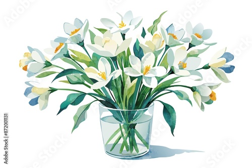 white flowers, bouquet, glass vase, arrangement, Watercolor artwork featuring collection of white flowers in glass vase on white background © Sangpan