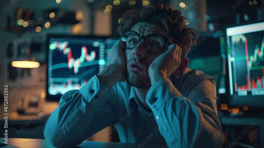 A man stares at a computer screen displaying stock charts, looking stressed and frustrated. Hes sitting in his office late at night, likely working on his financial investments. A man stares at a computer screen displaying stock charts, looking stressed and frustrated. Hes sitting in his office late at night, likely working on his financial investments.