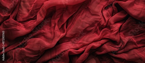 Detailed close-up of crumpled red fabric texture with copy space image spot. photo