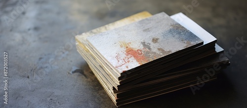 Business cards arranged in a stack on a textured grunge background, with copy space image.