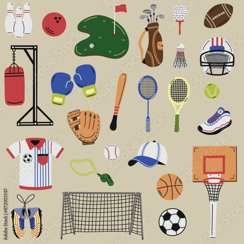 Sports equipment and accessories illustration set. For badminton, baseball, basketball, bowling, boxing, football, golf, soccer, and tennis. Hand drawn vector illustrations.