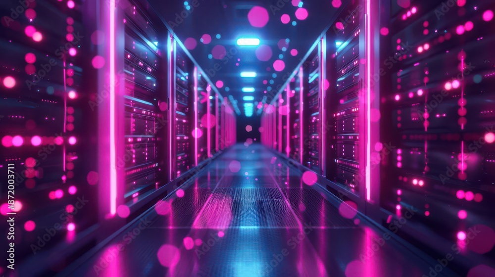 A futuristic data center corridor illuminated with neon pink and blue lights, featuring rows of server racks and a sleek modern design A futuristic data center corridor illuminated with neon pink and blue lights, featuring rows of server racks and a sleek modern design