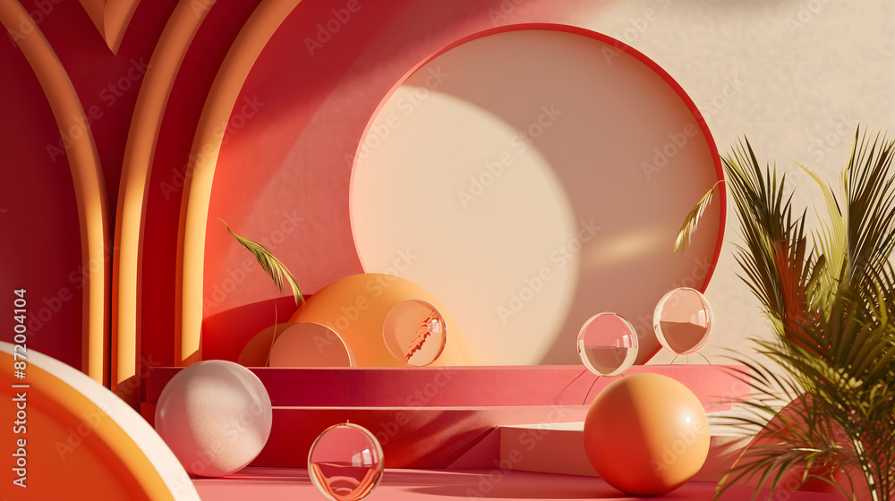 Obraz premium 3d scene with abstract ball and circle theme and red background with sunlight. 3d render in the modern style.
